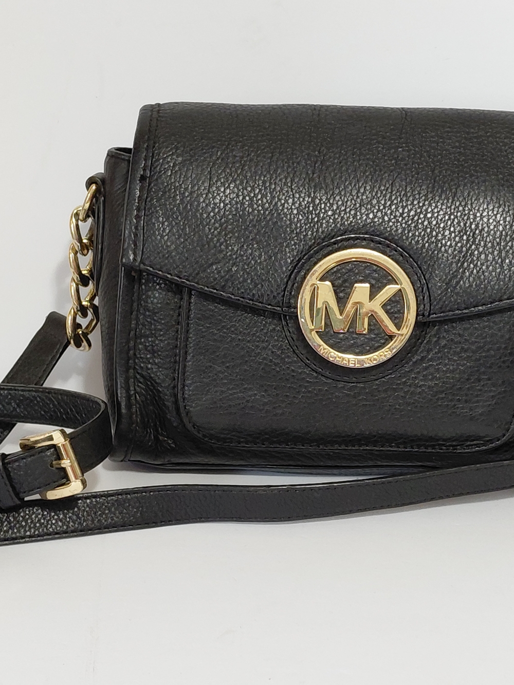 Michael Kors Black Leather Crossbody with Gold MK Medallion